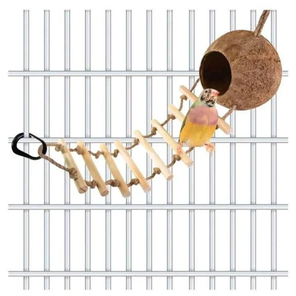 🐰🎉Hanging Coconut Hide With Ladder Perch Toy For Birds
